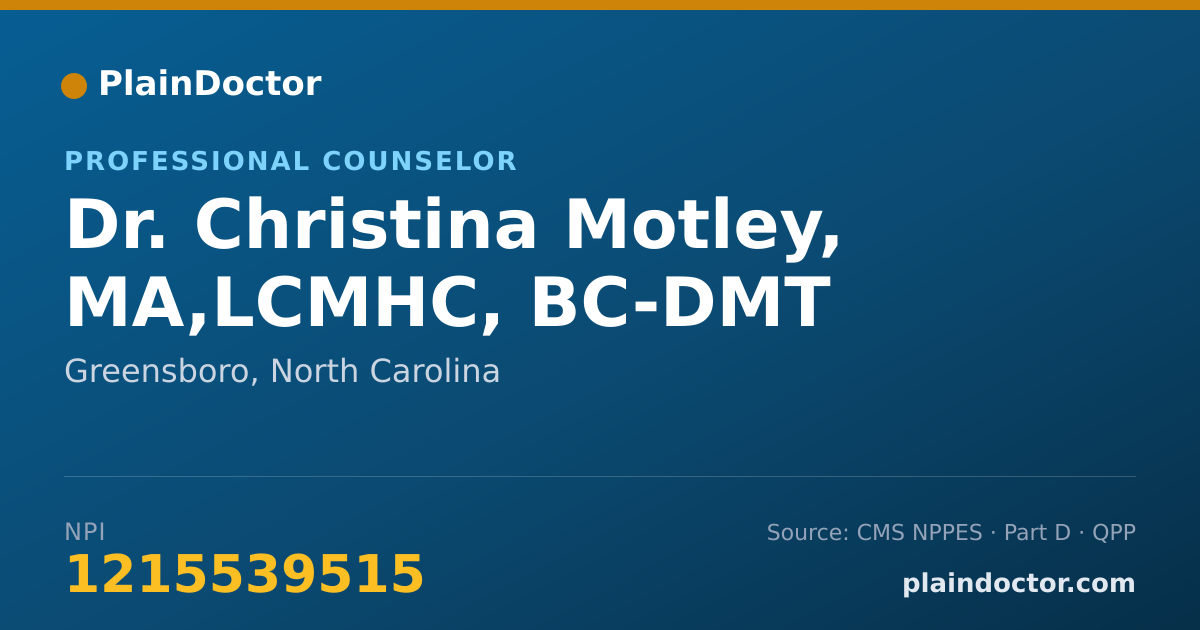Shareable card for Christina Motley, MA,LCMHC, BC-DMT - Professional Counselor, Greensboro, NC