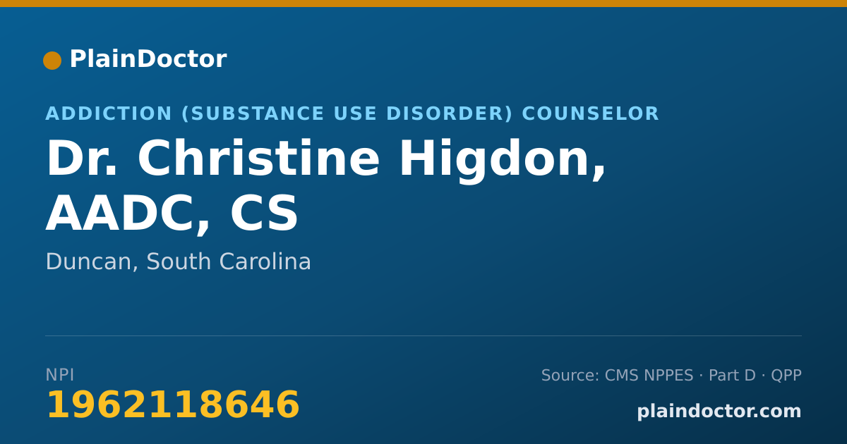 Shareable card for Christine Higdon, AADC, CS - Addiction (Substance Use Disorder) Counselor, Duncan, SC