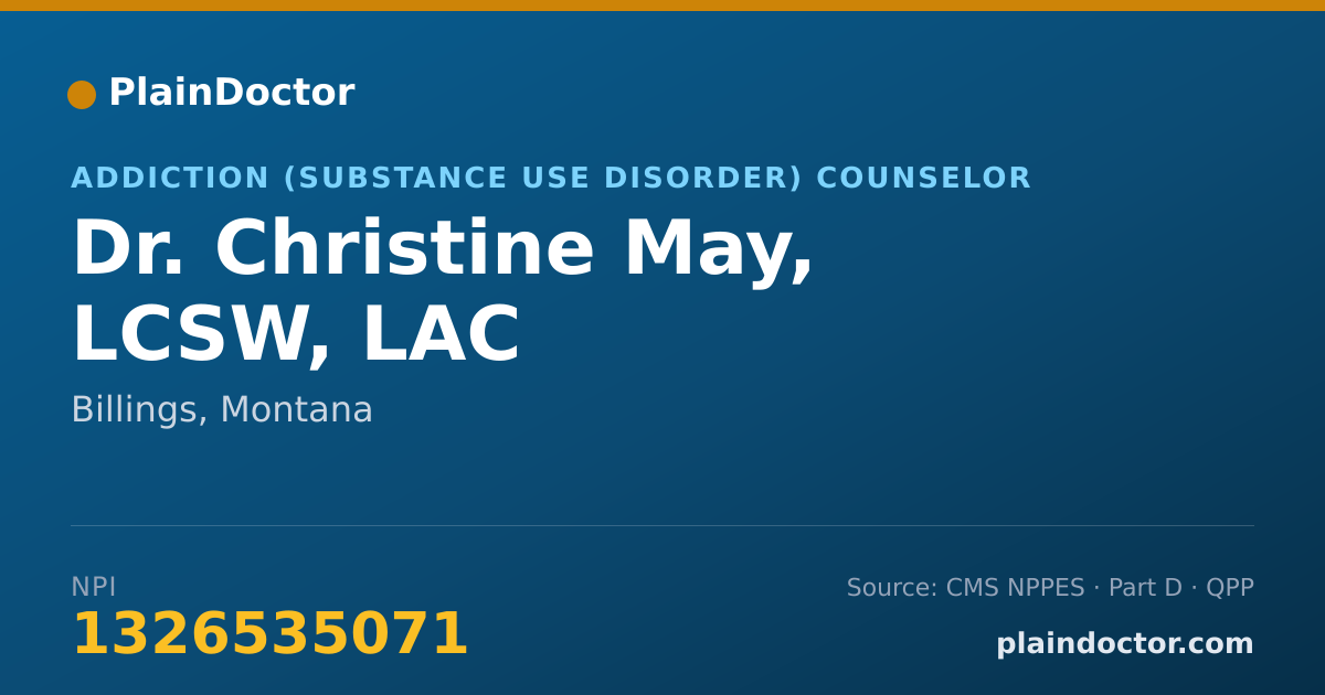Shareable card for Christine May, LCSW, LAC - Addiction (Substance Use Disorder) Counselor, Billings, MT