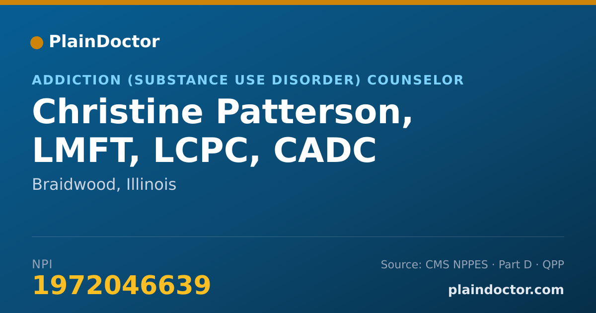 Shareable card for Christine Patterson, LMFT, LCPC, CADC - Addiction (Substance Use Disorder) Counselor, Braidwood, IL
