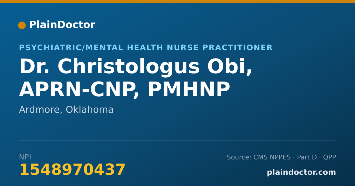 Shareable card for Christologus Obi, APRN-CNP, PMHNP - Psychiatric/Mental Health Nurse Practitioner, Ardmore, OK
