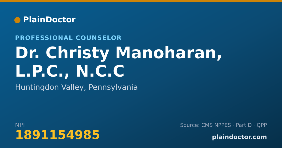 Shareable card for Christy Manoharan, L.P.C.,  N.C.C - Professional Counselor, Huntingdon Valley, PA