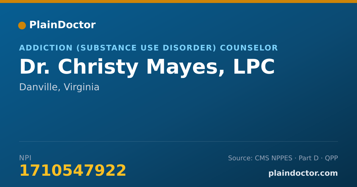 Shareable card for Christy Mayes, LPC - Addiction (Substance Use Disorder) Counselor, Danville, VA