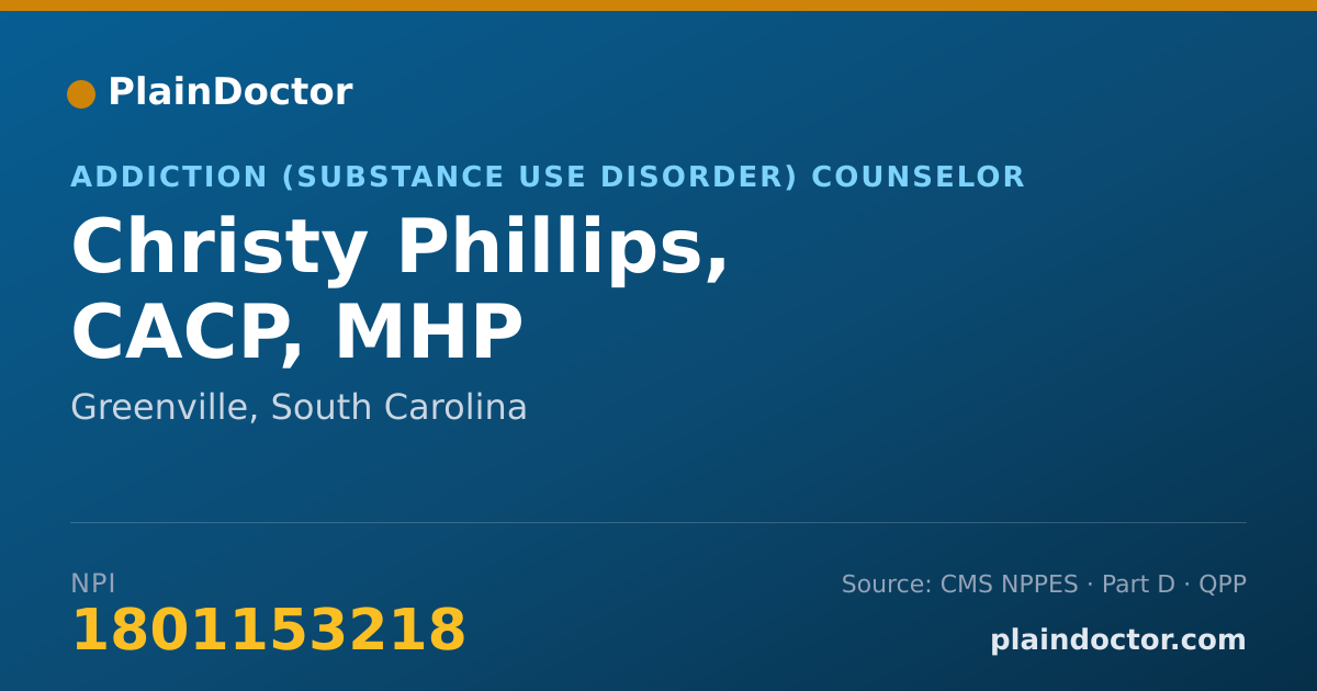 Shareable card for Christy Phillips, CACP, MHP - Addiction (Substance Use Disorder) Counselor, Greenville, SC