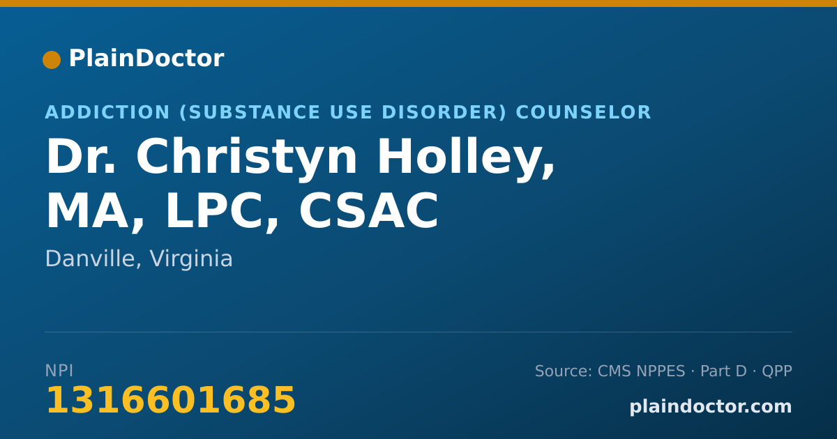 Shareable card for Christyn Holley, MA, LPC, CSAC - Addiction (Substance Use Disorder) Counselor, Danville, VA