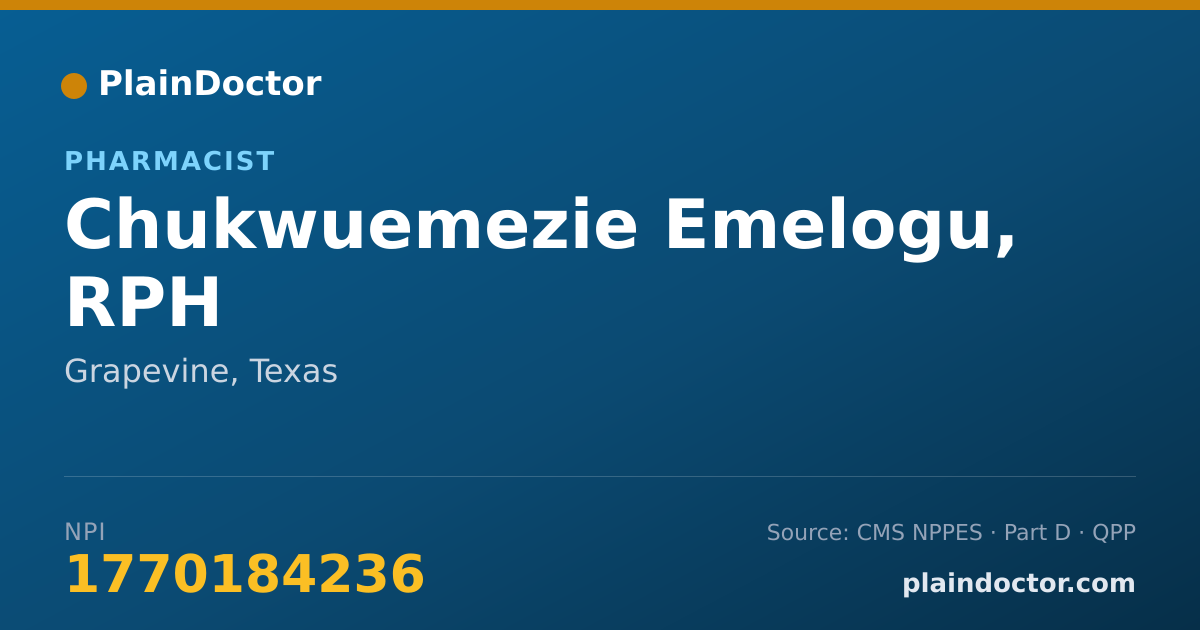 Shareable card for Chukwuemezie Emelogu, RPH - Pharmacist, Grapevine, TX