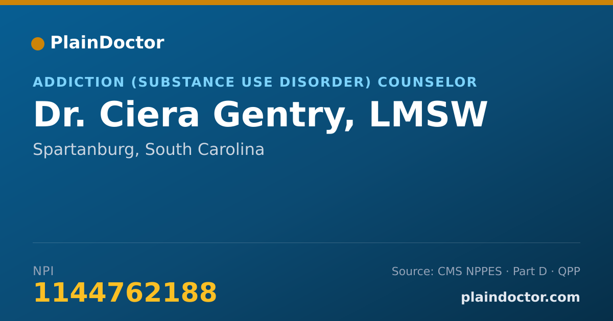 Shareable card for Ciera Gentry, LMSW - Addiction (Substance Use Disorder) Counselor, Spartanburg, SC