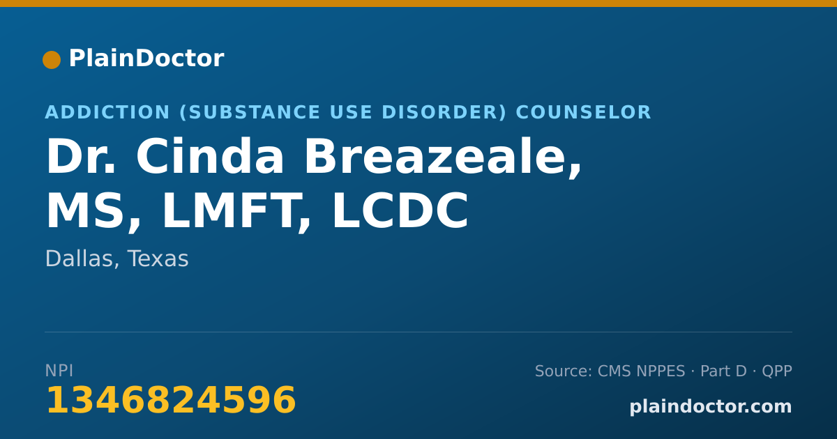 Shareable card for Cinda Breazeale, MS, LMFT, LCDC - Addiction (Substance Use Disorder) Counselor, Dallas, TX
