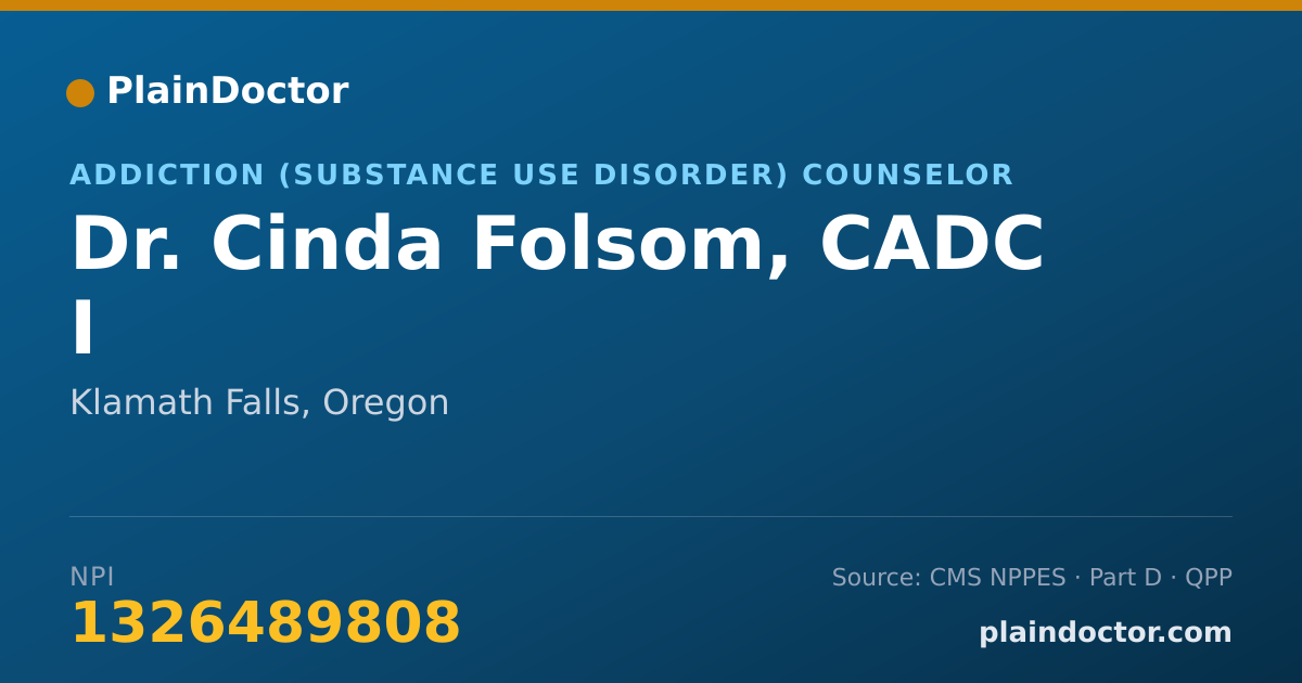 Shareable card for Cinda Folsom, CADC I - Addiction (Substance Use Disorder) Counselor, Klamath Falls, OR