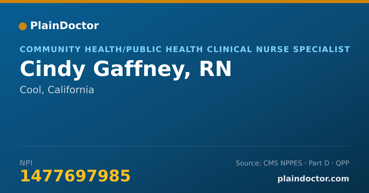 Shareable card for Cindy Gaffney, RN - Community Health/Public Health Clinical Nurse Specialist, Cool, CA