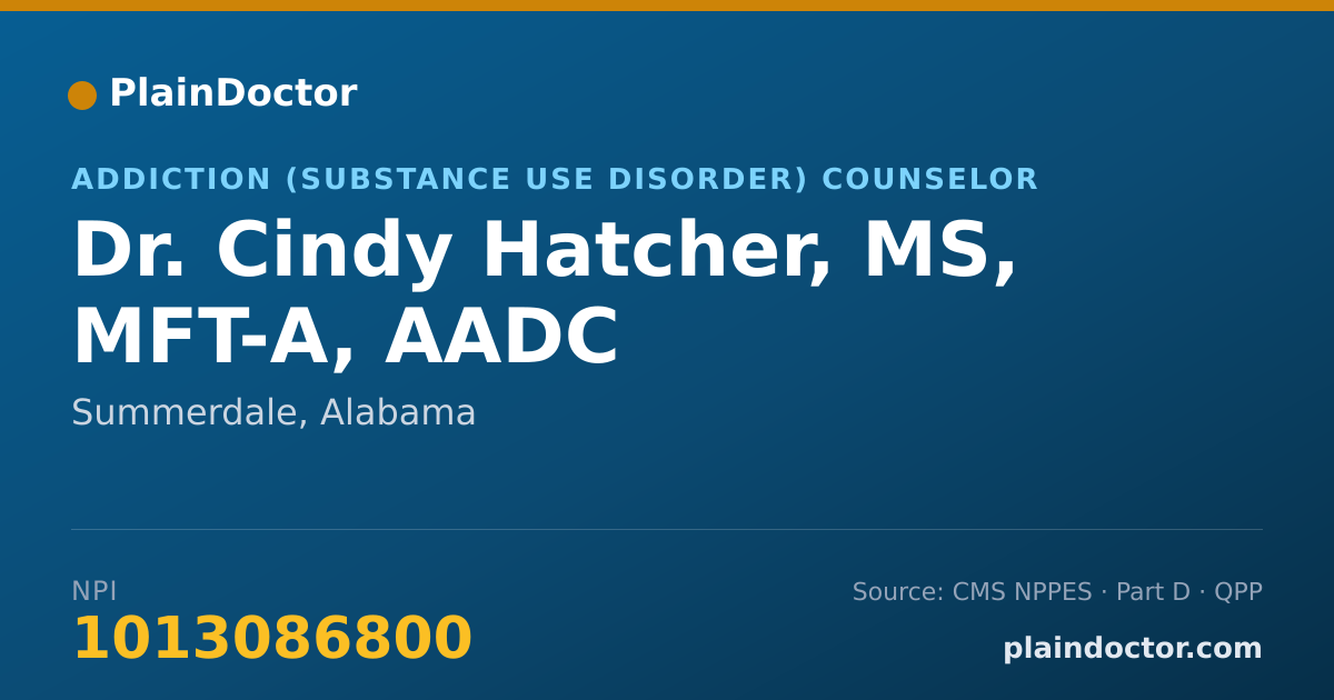 Shareable card for Cindy Hatcher, MS, MFT-A, AADC - Addiction (Substance Use Disorder) Counselor, Summerdale, AL