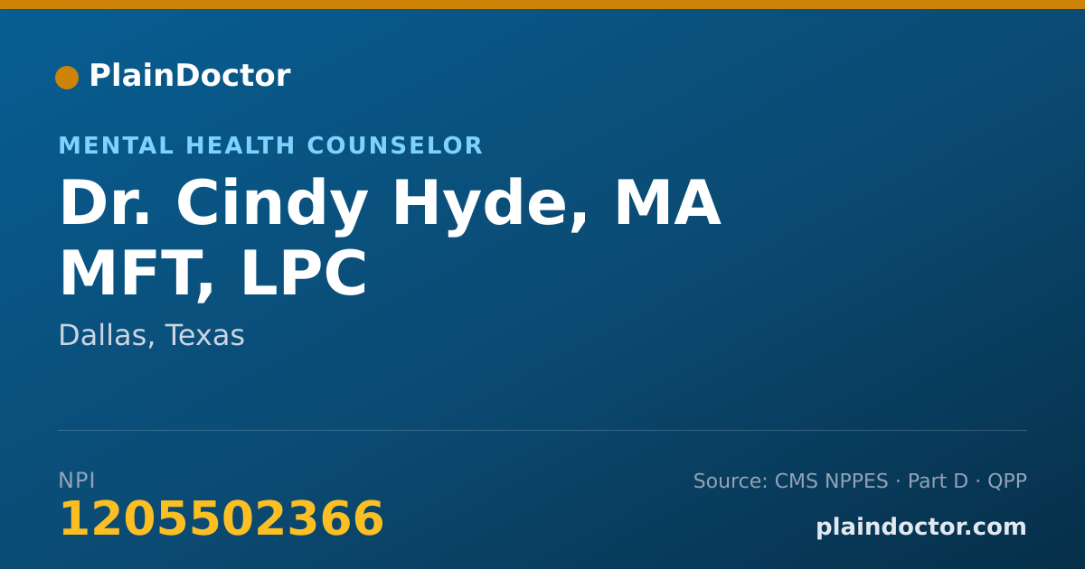 Shareable card for Cindy Hyde, MA MFT, LPC - Mental Health Counselor, Dallas, TX