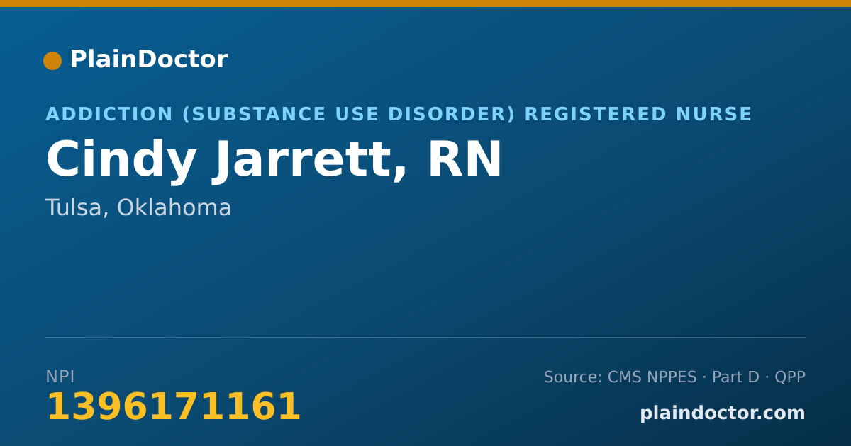 Shareable card for Cindy Jarrett, RN - Addiction (Substance Use Disorder) Registered Nurse, Tulsa, OK
