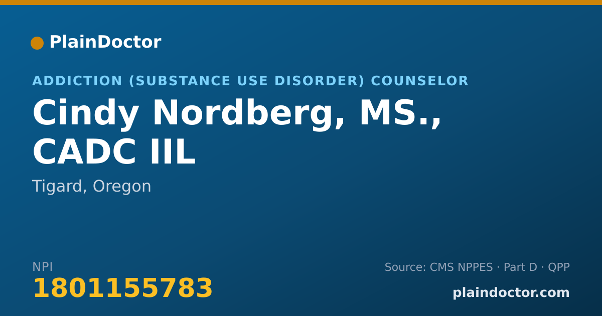Shareable card for Cindy Nordberg, MS., CADC IIL - Addiction (Substance Use Disorder) Counselor, Tigard, OR
