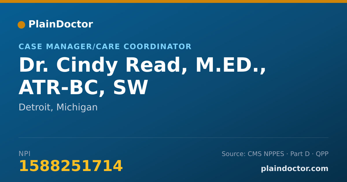Shareable card for Cindy Read, M.ED., ATR-BC, SW - Case Manager/Care Coordinator, Detroit, MI