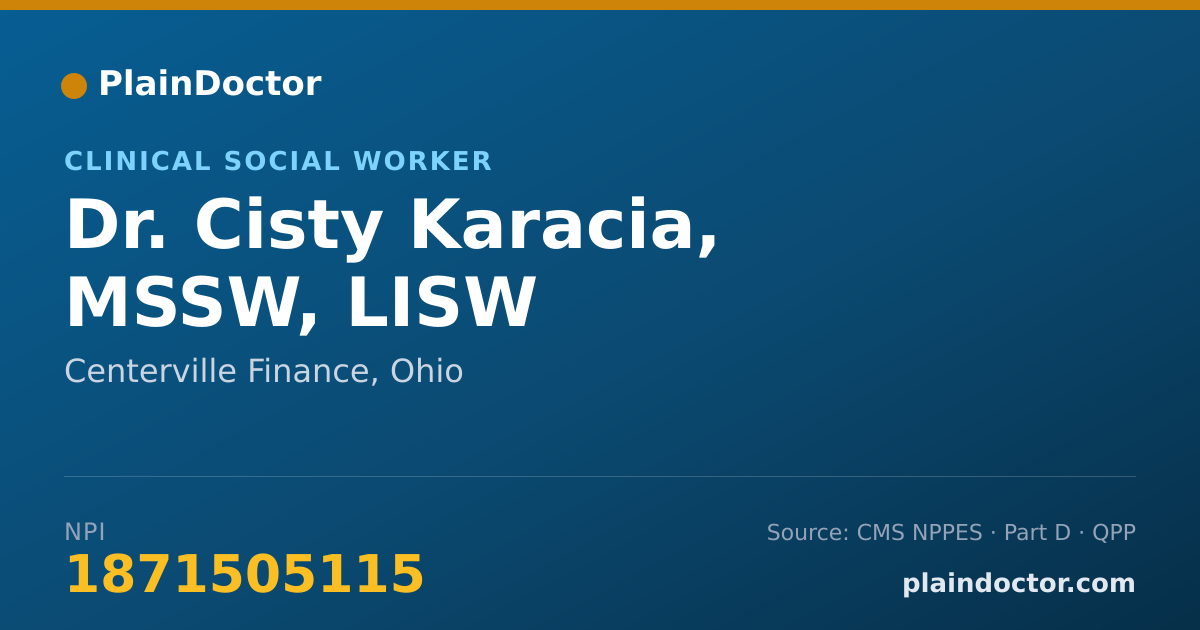 Shareable card for Cisty Karacia, MSSW, LISW - Clinical Social Worker, Centerville Finance, OH