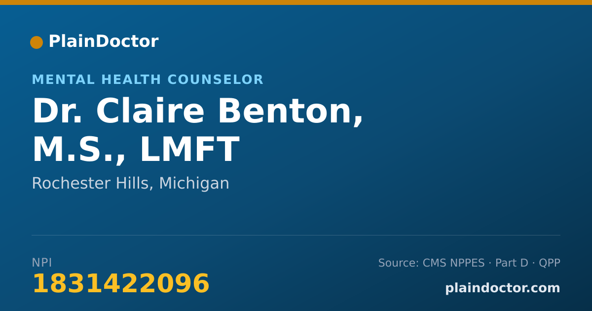 Shareable card for Claire Benton, M.S., LMFT - Mental Health Counselor, Rochester Hills, MI