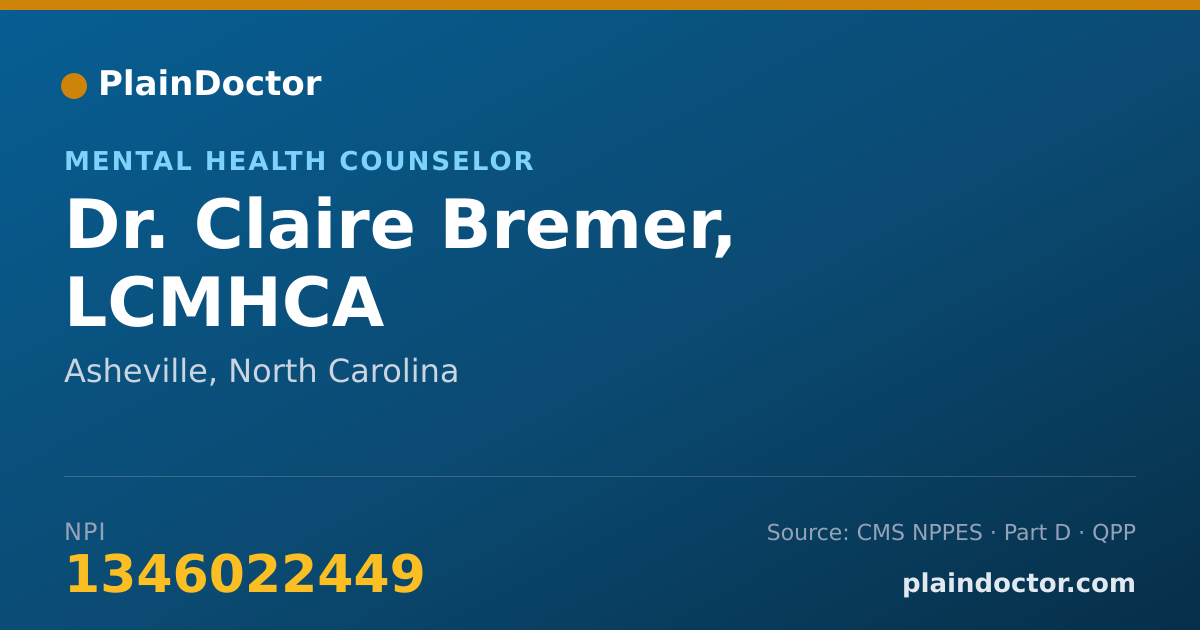 Shareable card for Claire Bremer, LCMHCA - Mental Health Counselor, Asheville, NC