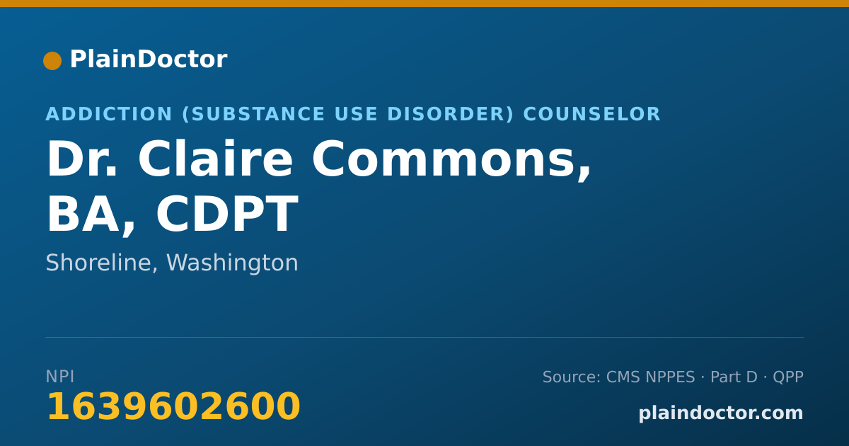 Shareable card for Claire Commons, BA, CDPT - Addiction (Substance Use Disorder) Counselor, Shoreline, WA
