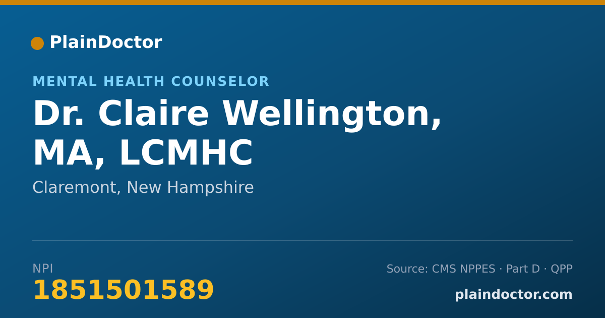Shareable card for Claire Wellington, MA,  LCMHC - Mental Health Counselor, Claremont, NH