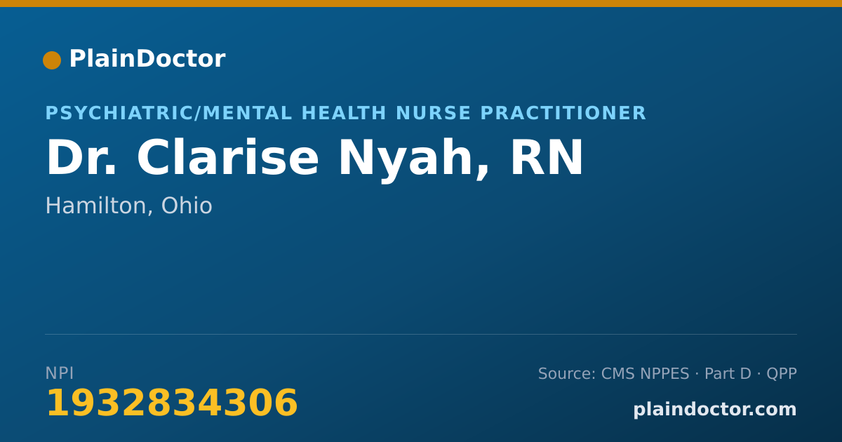 Shareable card for Clarise Nyah, RN - Psychiatric/Mental Health Nurse Practitioner, Hamilton, OH