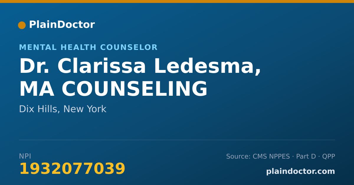 Shareable card for Clarissa Ledesma, MA COUNSELING - Mental Health Counselor, Dix Hills, NY