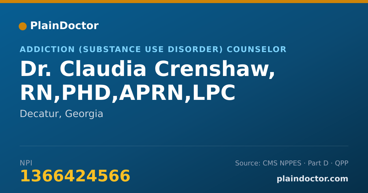 Shareable card for Claudia Crenshaw, RN,PHD,APRN,LPC - Addiction (Substance Use Disorder) Counselor, Decatur, GA