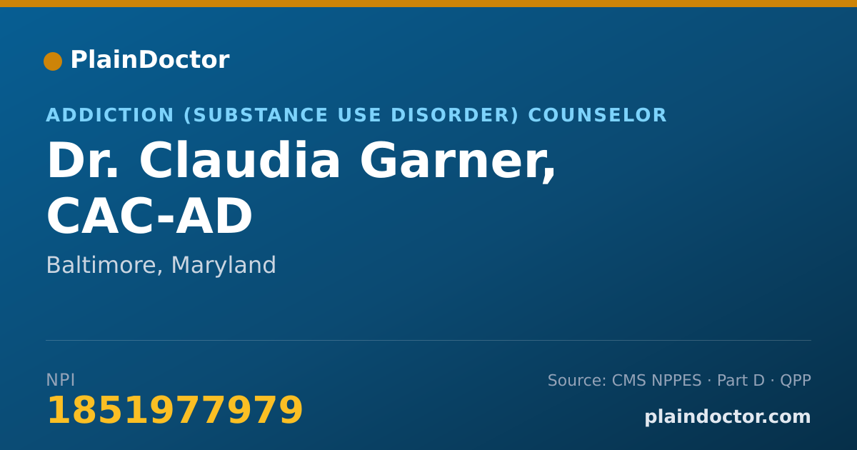 Shareable card for Claudia Garner, CAC-AD - Addiction (Substance Use Disorder) Counselor, Baltimore, MD