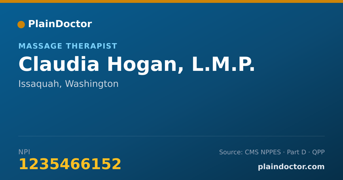 Shareable card for Claudia Hogan, L.M.P. - Massage Therapist, Issaquah, WA
