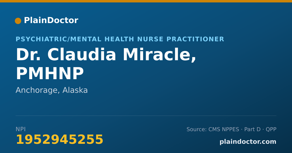 Shareable card for Claudia Miracle, PMHNP - Psychiatric/Mental Health Nurse Practitioner, Anchorage, AK