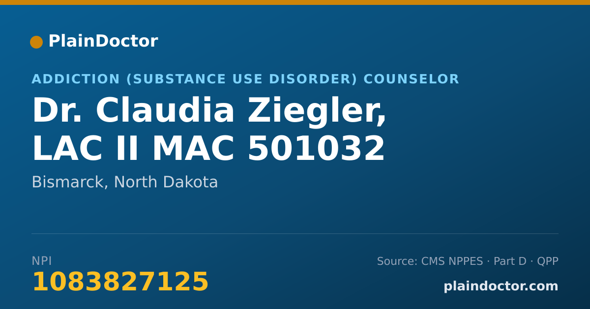 Shareable card for Claudia Ziegler, LAC II MAC 501032 - Addiction (Substance Use Disorder) Counselor, Bismarck, ND