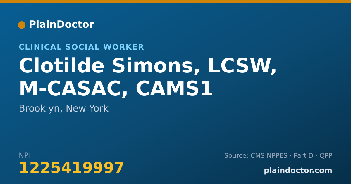 Shareable card for Clotilde Simons, LCSW, M-CASAC, CAMS1 - Addiction (Substance Use Disorder) Counselor, Brooklyn, NY