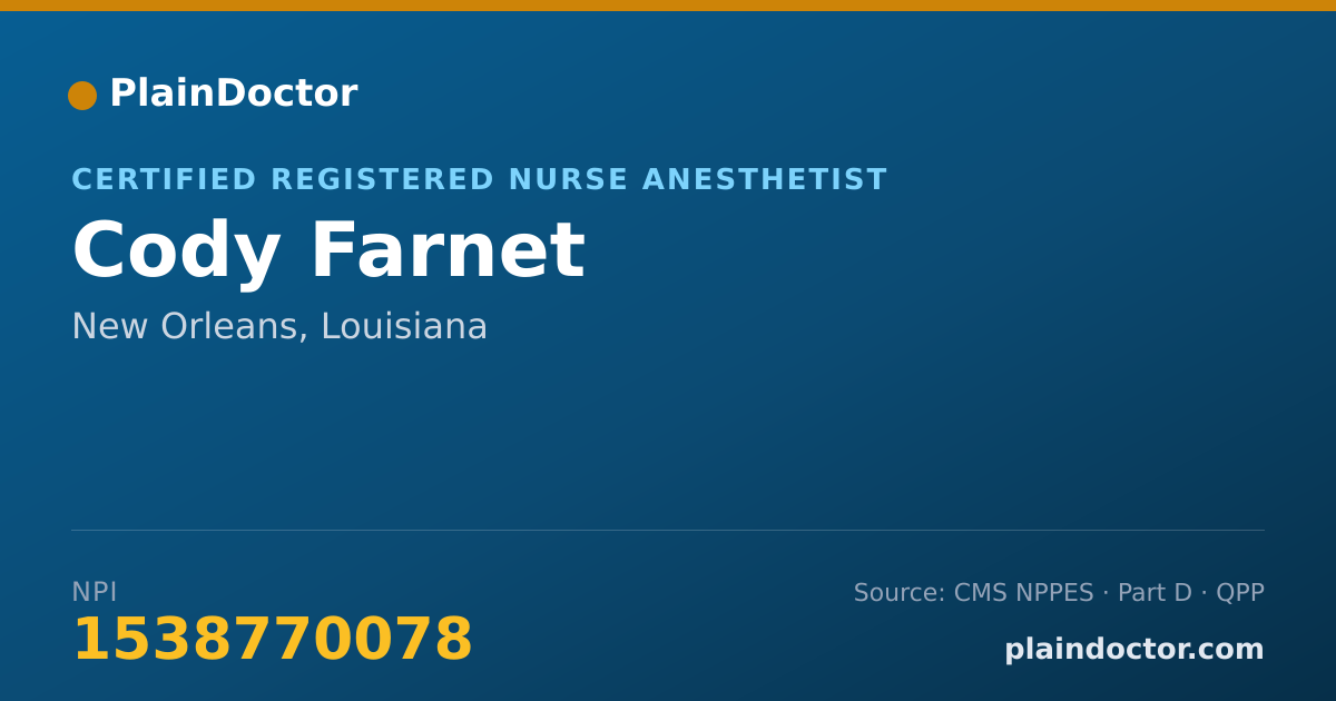 Shareable card for Cody Farnet - Certified Registered Nurse Anesthetist, New Orleans, LA