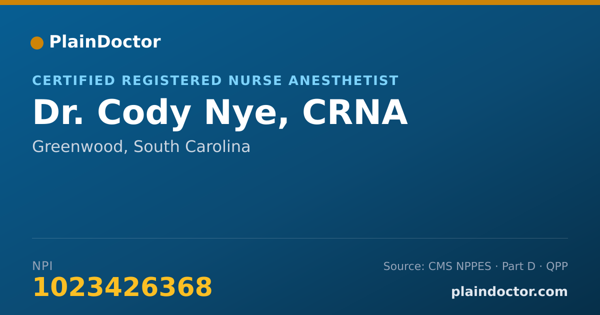 Shareable card for Cody Nye, CRNA - Certified Registered Nurse Anesthetist, Greenwood, SC