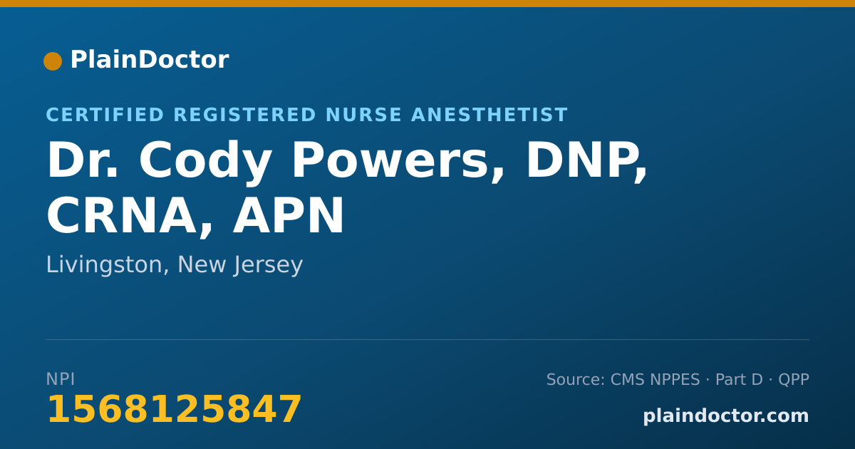 Shareable card for Cody Powers, DNP, CRNA, APN - Certified Registered Nurse Anesthetist, Livingston, NJ