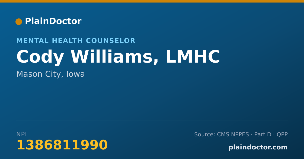 Shareable card for Cody Williams, LMHC - Mental Health Counselor, Mason City, IA