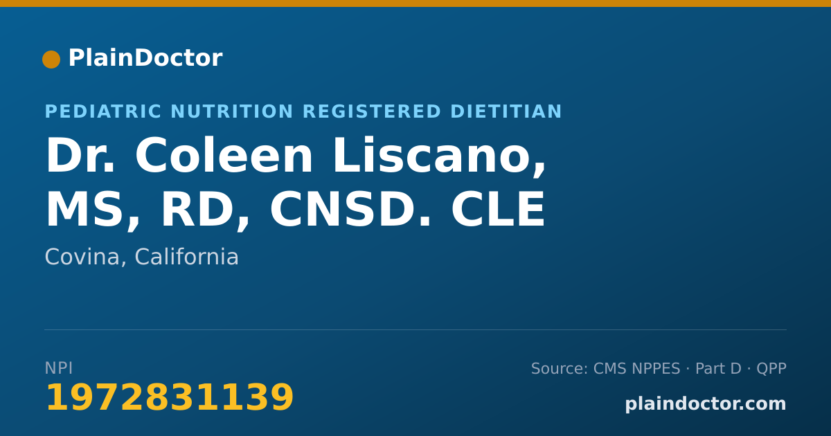 Shareable card for Coleen Liscano, MS, RD, CNSD. CLE - Pediatric Nutrition Registered Dietitian, Covina, CA