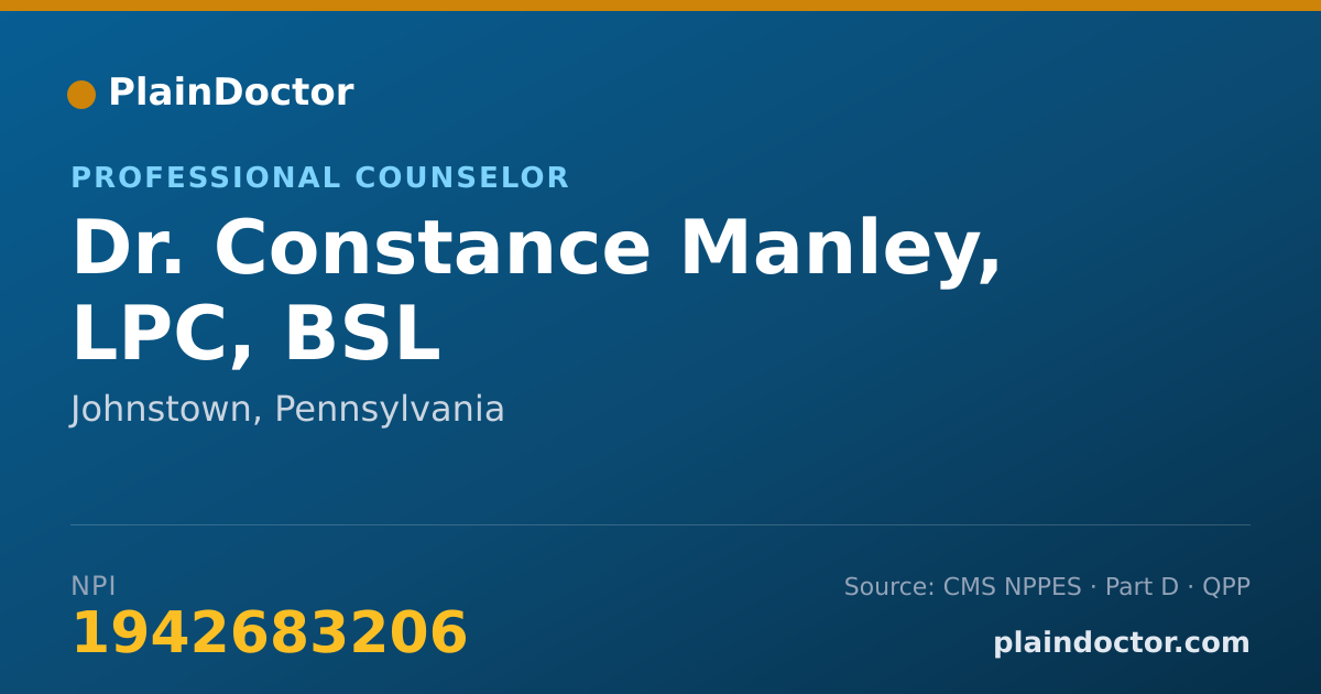 Shareable card for Constance Manley, LPC, BSL - Professional Counselor, Johnstown, PA