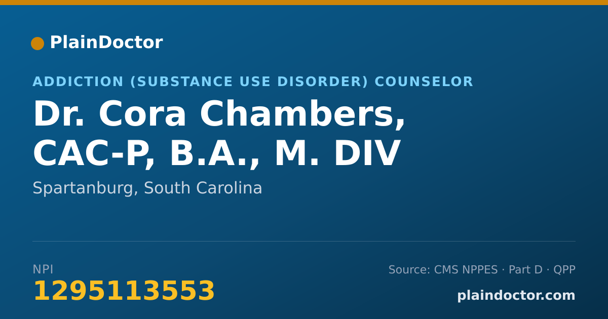 Shareable card for Cora Chambers, CAC-P, B.A., M. DIV - Addiction (Substance Use Disorder) Counselor, Spartanburg, SC