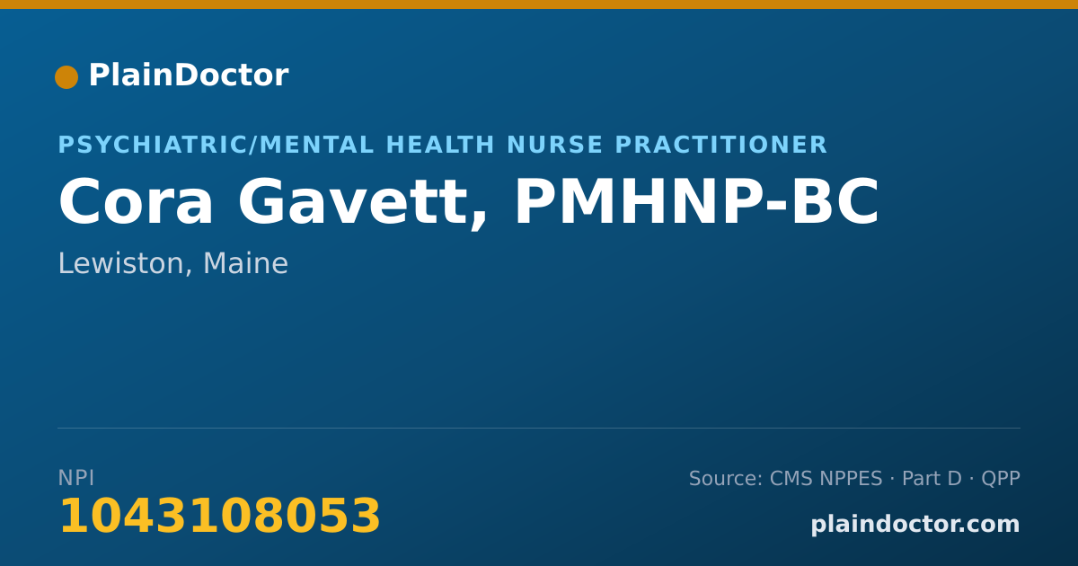 Shareable card for Cora Gavett, PMHNP-BC - Psychiatric/Mental Health Nurse Practitioner, Lewiston, ME