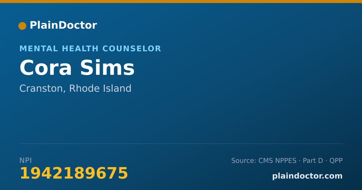 Shareable card for Cora Sims - Mental Health Counselor, Cranston, RI