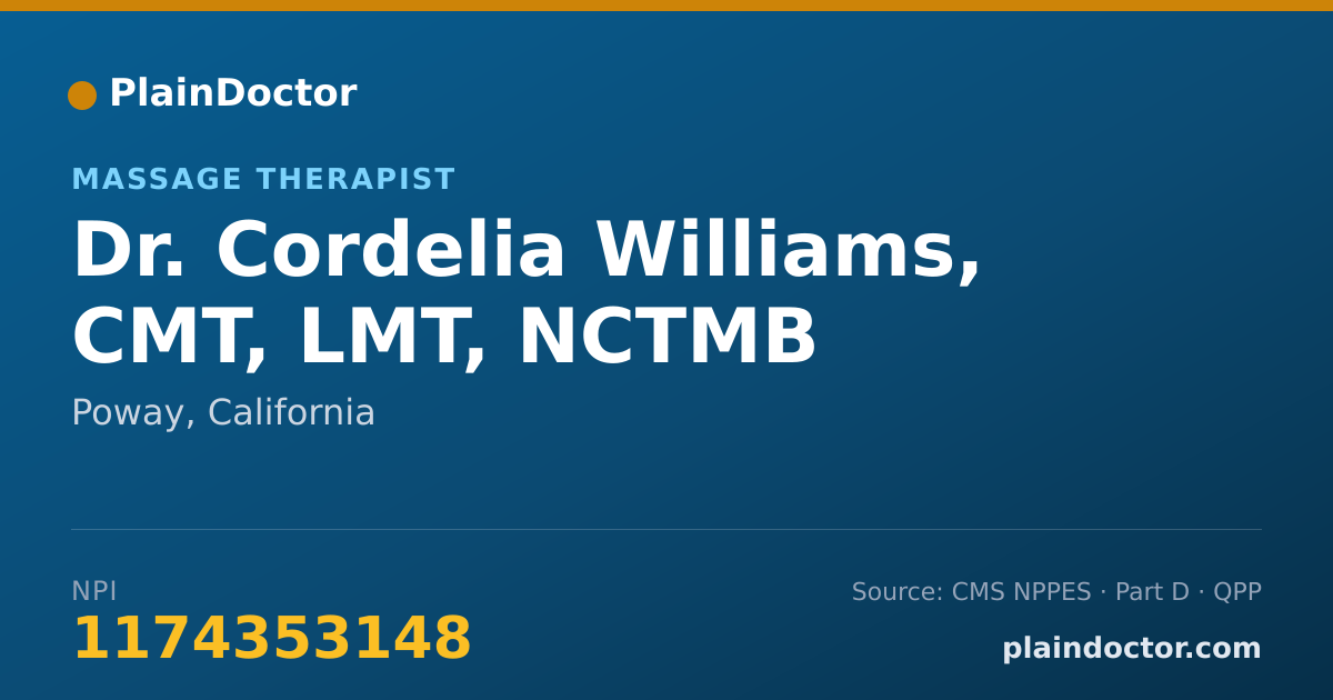 Shareable card for Cordelia Williams, CMT, LMT, NCTMB - Massage Therapist, Poway, CA