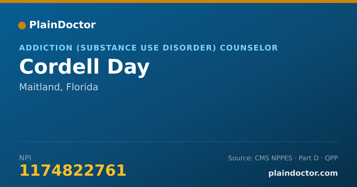 Shareable card for Cordell Day - Addiction (Substance Use Disorder) Counselor, Maitland, FL
