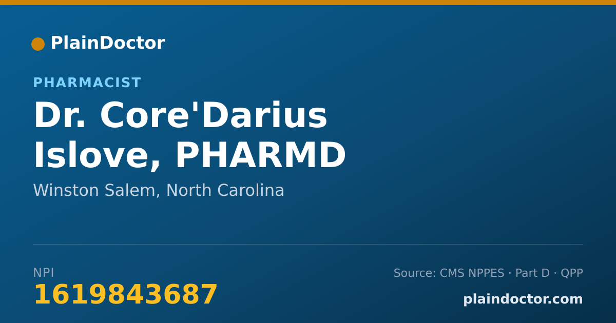 Shareable card for Core'Darius Islove, PHARMD - Pharmacist, Winston Salem, NC