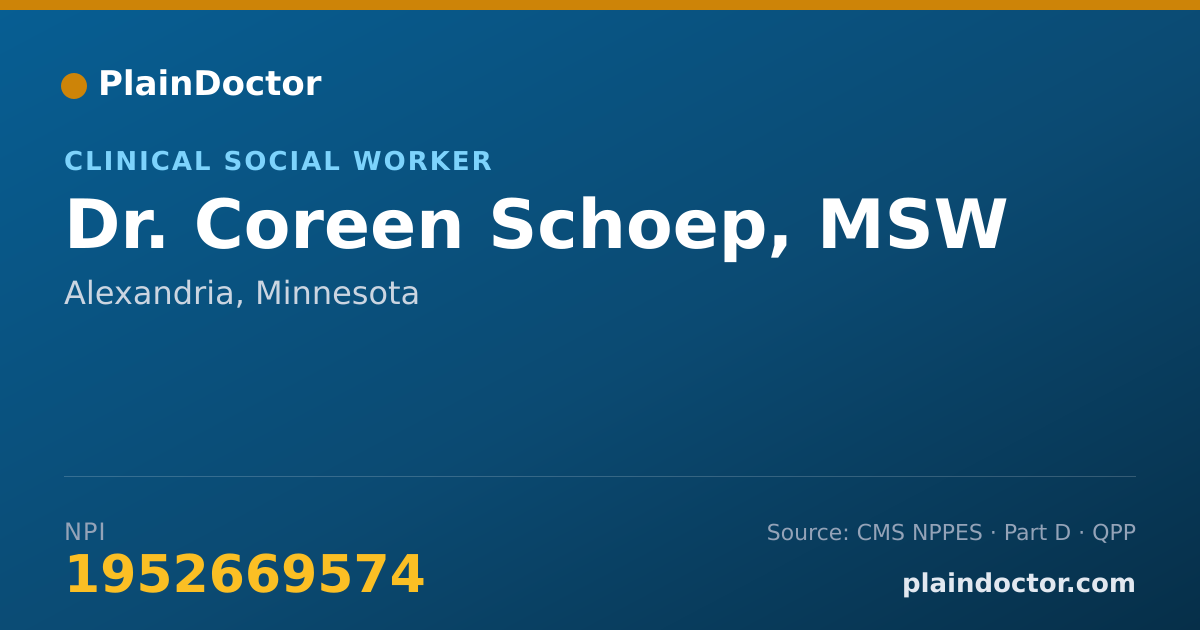 Shareable card for Coreen Schoep, MSW - Clinical Social Worker, Alexandria, MN