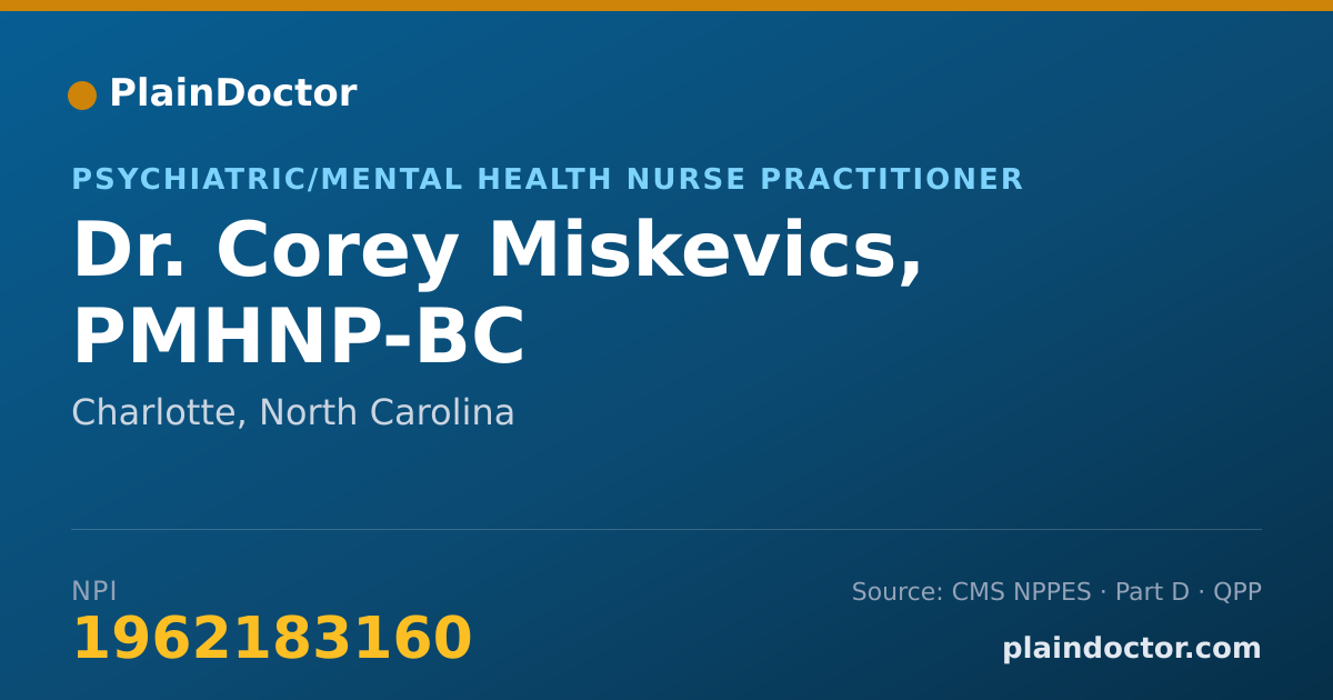 Shareable card for Corey Miskevics, PMHNP-BC - Psychiatric/Mental Health Nurse Practitioner, Charlotte, NC