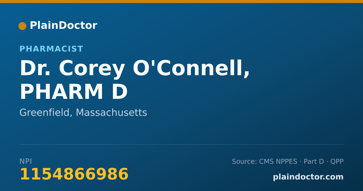 Shareable card for Corey O'Connell, PHARM D - Pharmacist, Greenfield, MA