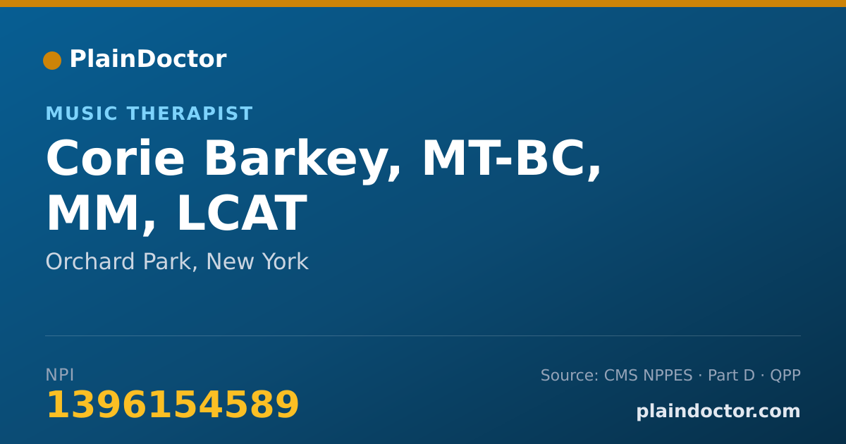 Shareable card for Corie Barkey, MT-BC, MM, LCAT - Specialist, Orchard Park, NY