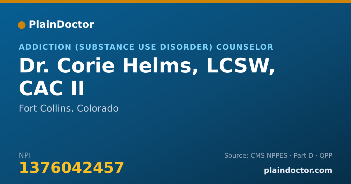 Shareable card for Corie Helms, LCSW, CAC II - Addiction (Substance Use Disorder) Counselor, Fort Collins, CO