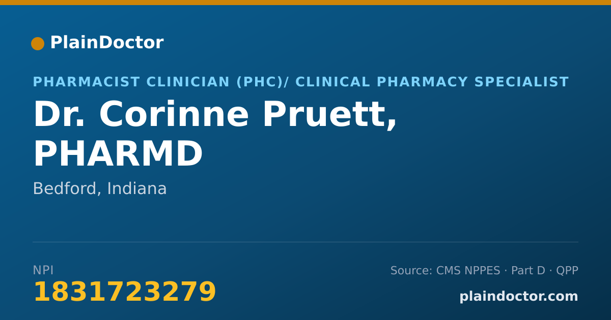 Shareable card for Corinne Pruett, PHARMD - Pharmacist Clinician (PhC)/ Clinical Pharmacy Specialist, Bedford, IN
